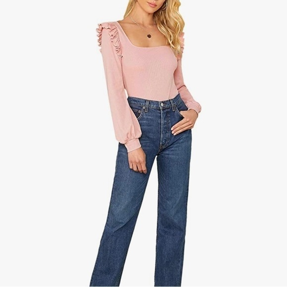 𝅺𝅺⭐️2 FOR $20⭐️ Ruffle Trim Square Neck Pink Long Sleeve Top. SM/M - Picture 5 of 12